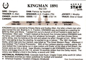 1991 Horse Star Kentucky Derby #17 Kingman Back